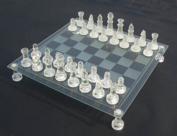 glass chess board and pieces