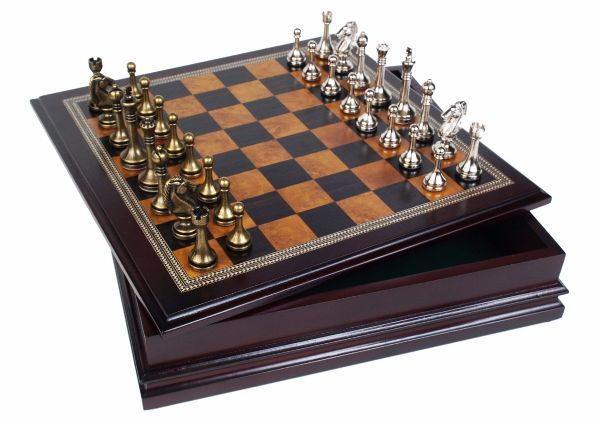 metal chess board and pieces