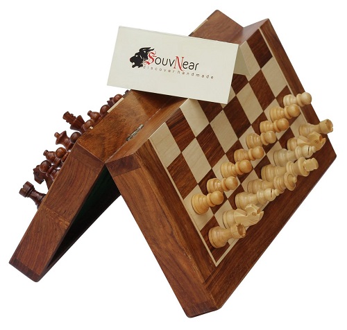 SouvNear 10.5" Wood Chess Set - Handmade Premium Magnetic Folding Chess Board - Wooden Travel Staunton Chess Game with Built in Storage 